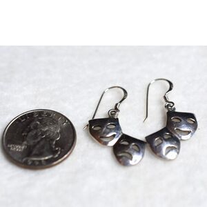 .925 Silver Quirky Fun Comedy/Tragedy Double Mask Dangle Hook Statement Earrings